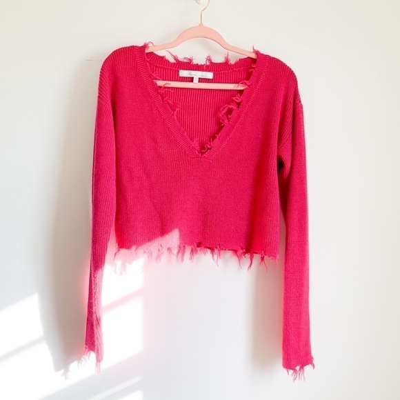 Lovers + Friends Prospect Fray Hem Barbie Pink Fuchsia V neck Cropped Sweater - Picture 5 of 10